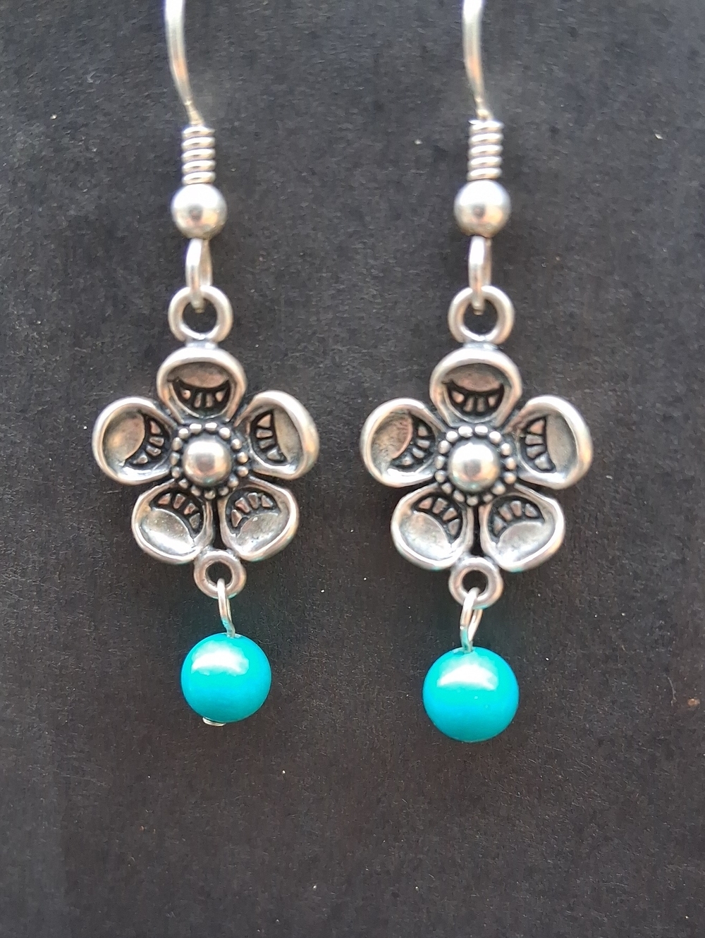 Floral Silver Dangle Earrings with Turquoise Beads